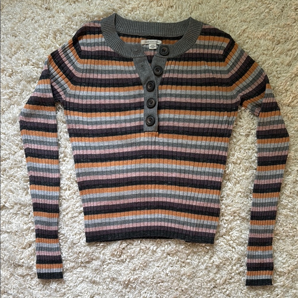 American Eagle Outfitters Gray, Mustard and Pink Striped Thin Sweater w/ Buttons